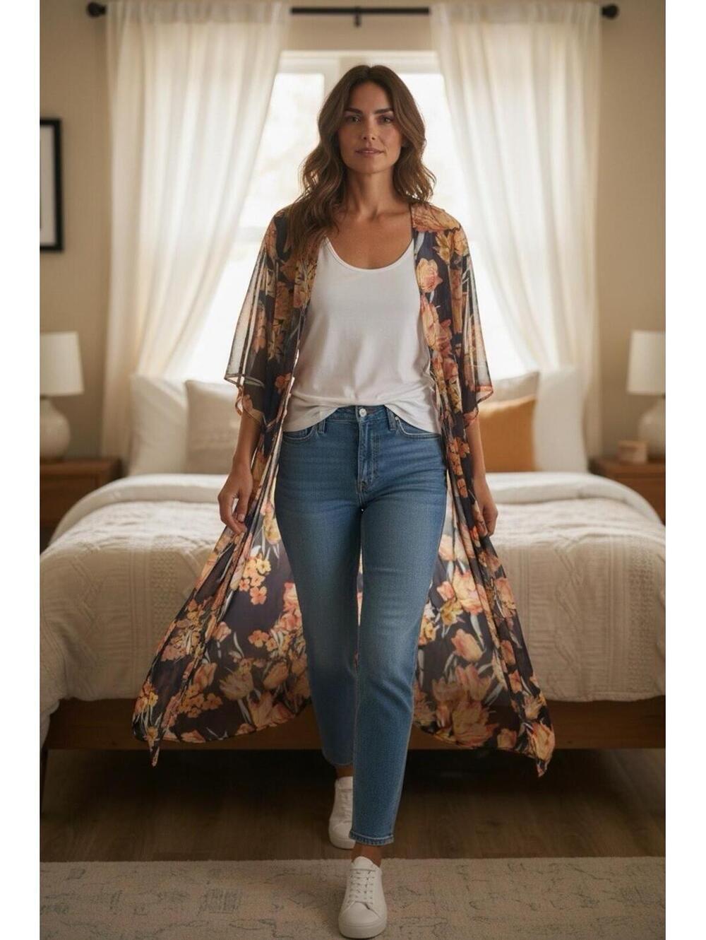 Umgee Long Floral tulip Blue Duster Sz.L